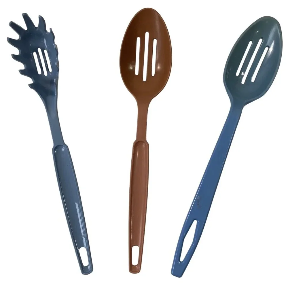 3 Vintage Ekco Plastic Kitchen Utensils Slotted Spaghetti Spoon Nylon USA Lot